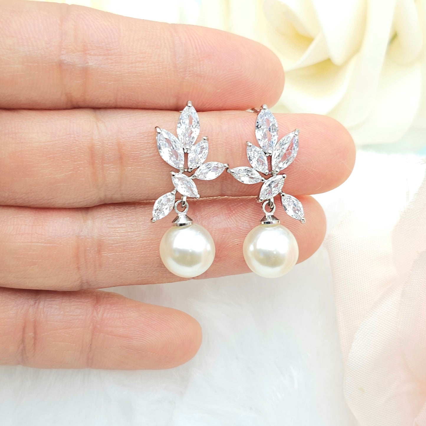 10MM Round Pearl With Leaf Earring, Necklace, Bracelet Set