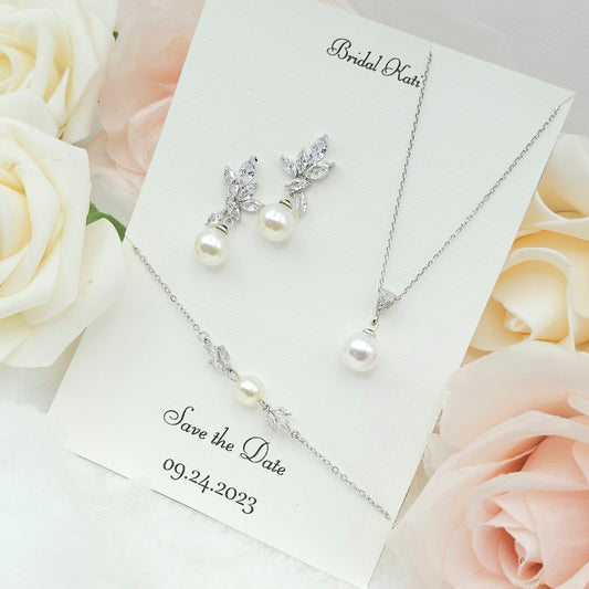 10MM Round Pearl With Leaf Earring, Necklace, Bracelet Set