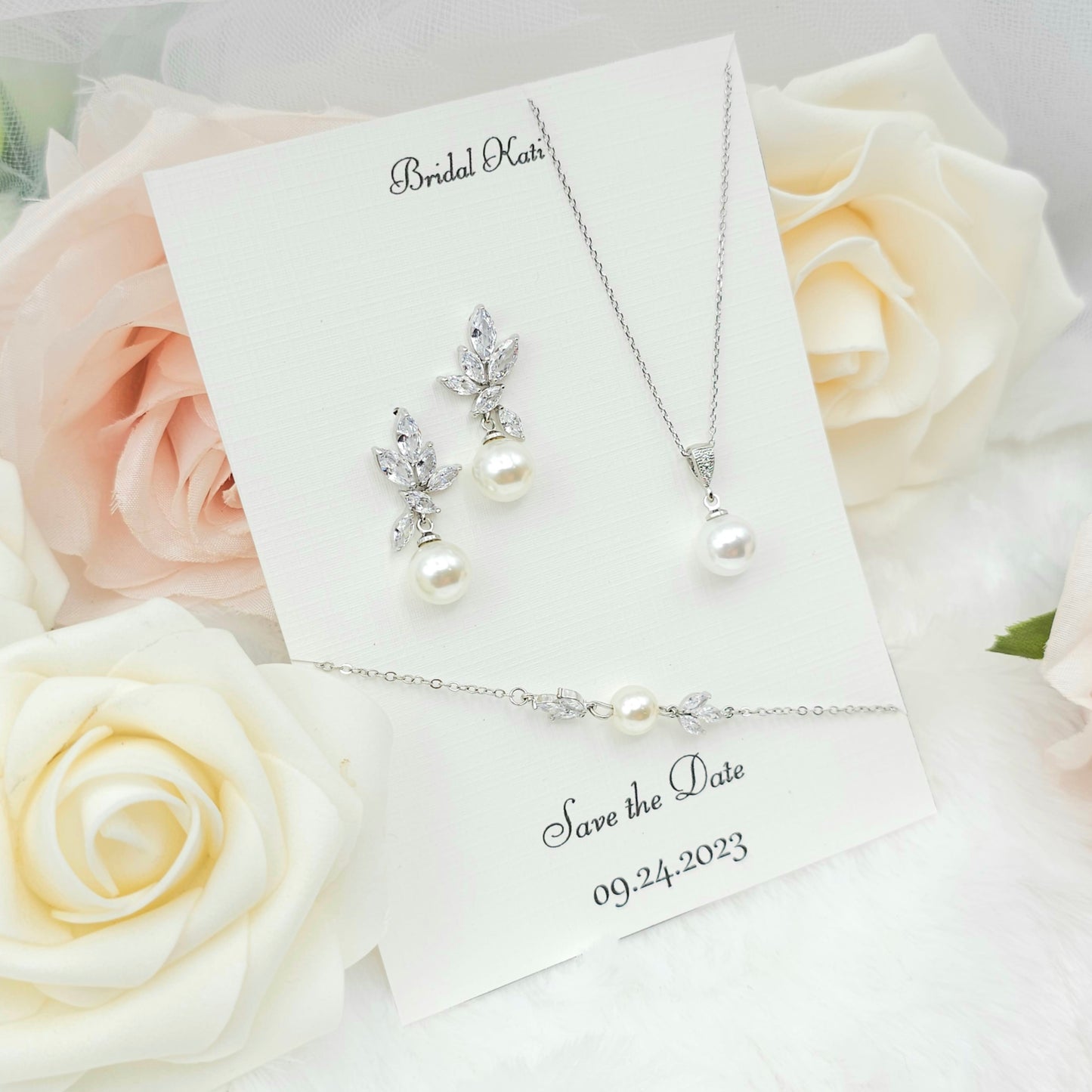 10MM Round Pearl With Leaf Earring, Necklace, Bracelet Set