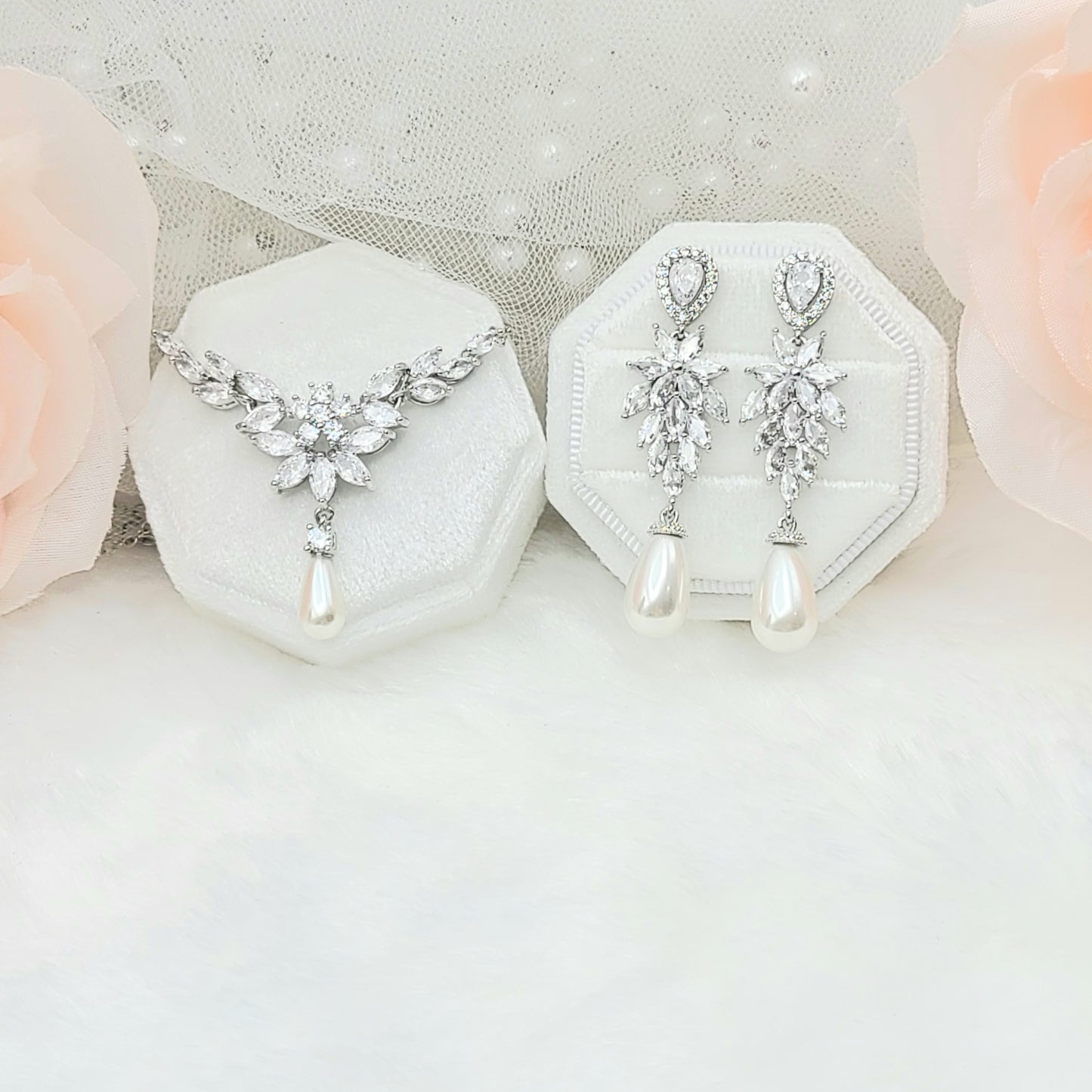 ROSE GOLD Cubic Zirconia with Pearl Necklace, Earring Set. SILVER Bridesmaid Jewelry Set. Bridal Jewelry Set. Wedding Jewelry Set.