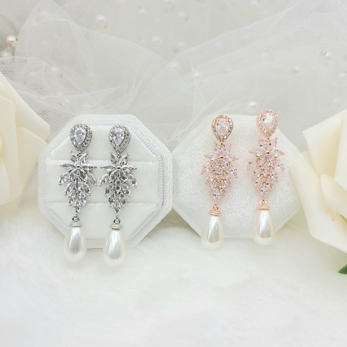 ROSE GOLD Cubic Zirconia with Pearl Necklace, Earring Set. SILVER Bridesmaid Jewelry Set. Bridal Jewelry Set. Wedding Jewelry Set.