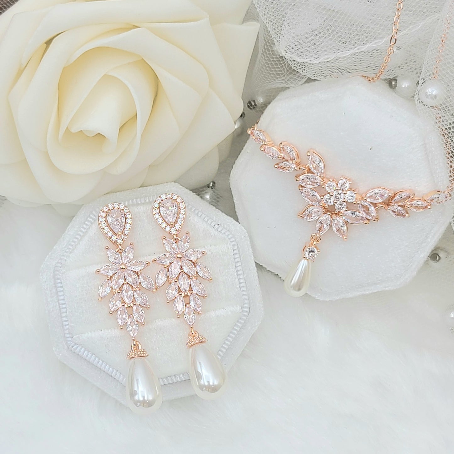 ROSE GOLD Cubic Zirconia with Pearl Necklace, Earring Set. SILVER Bridesmaid Jewelry Set. Bridal Jewelry Set. Wedding Jewelry Set.