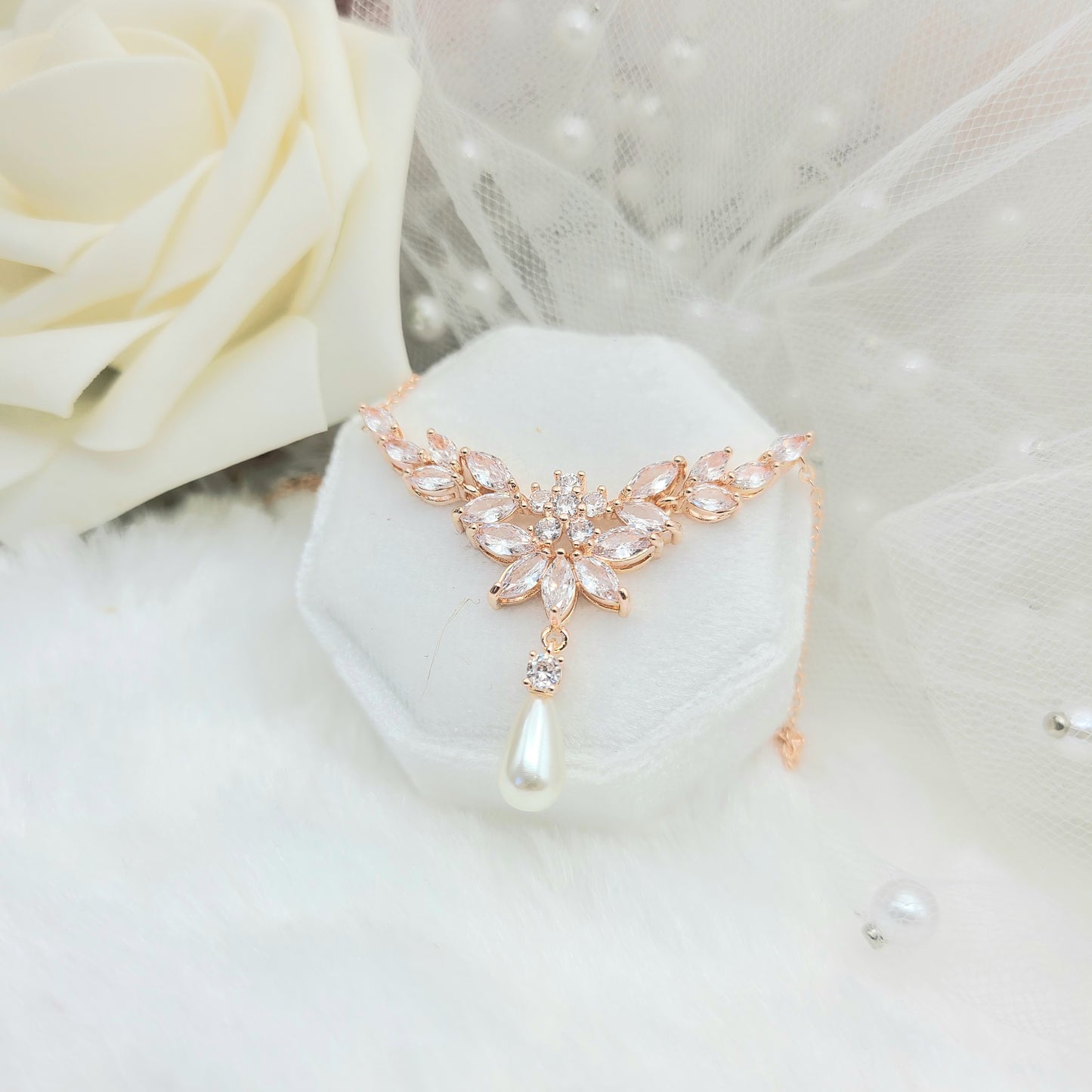 ROSE GOLD Cubic Zirconia with Pearl Necklace, Earring Set. SILVER Bridesmaid Jewelry Set. Bridal Jewelry Set. Wedding Jewelry Set.