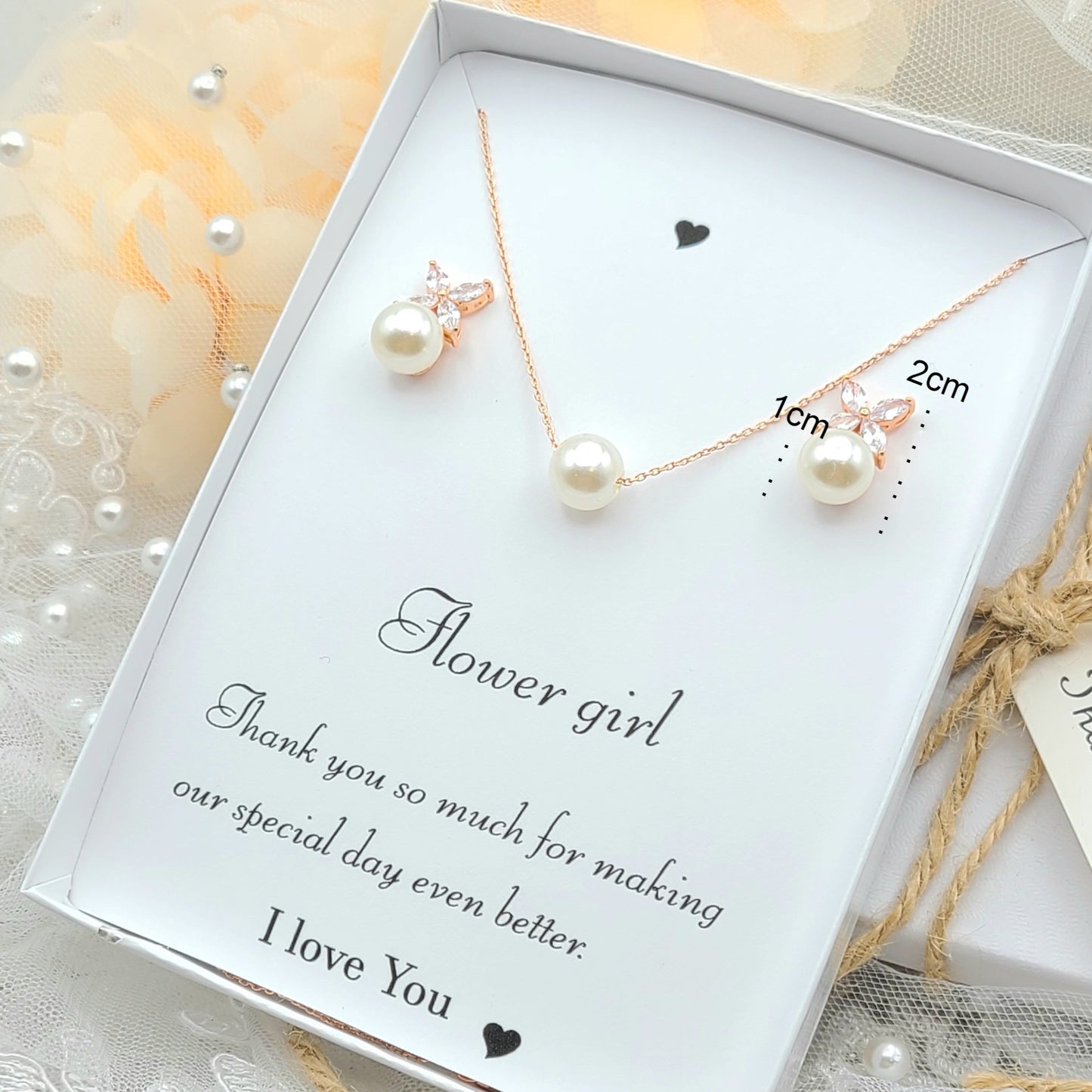 Flower Girl Gift. Flower Girl leaf Pearl Necklace & Earring Set. Rose gold Pearl Necklace and Earring. Bridesmaid pearl necklace Set.