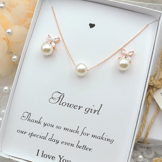 Flower Girl Gift. Flower Girl leaf Pearl Necklace & Earring Set. Rose gold Pearl Necklace and Earring. Bridesmaid pearl necklace Set.