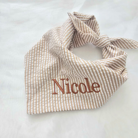 Seersucker Stripe Dog Bandana: Embroidery Khaki  & White Tie On Bandana.