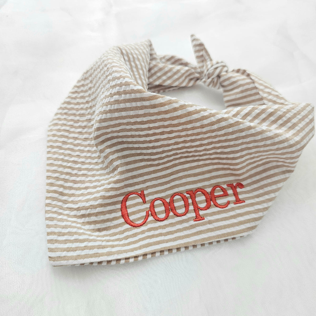 Seersucker Stripe Dog Bandana: Embroidery Khaki  & White Tie On Bandana.