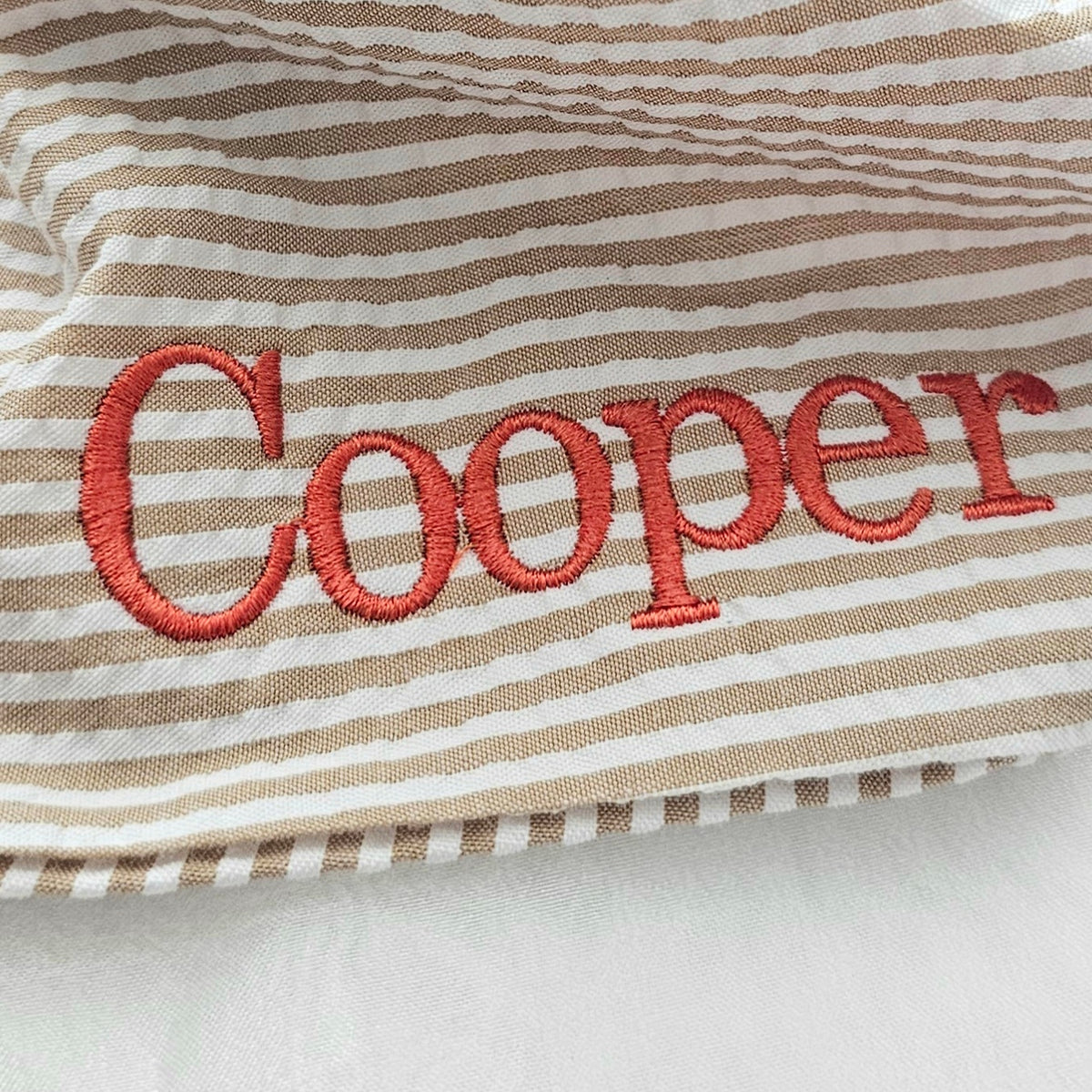 Seersucker Stripe Dog Bandana: Embroidery Khaki  & White Tie On Bandana.