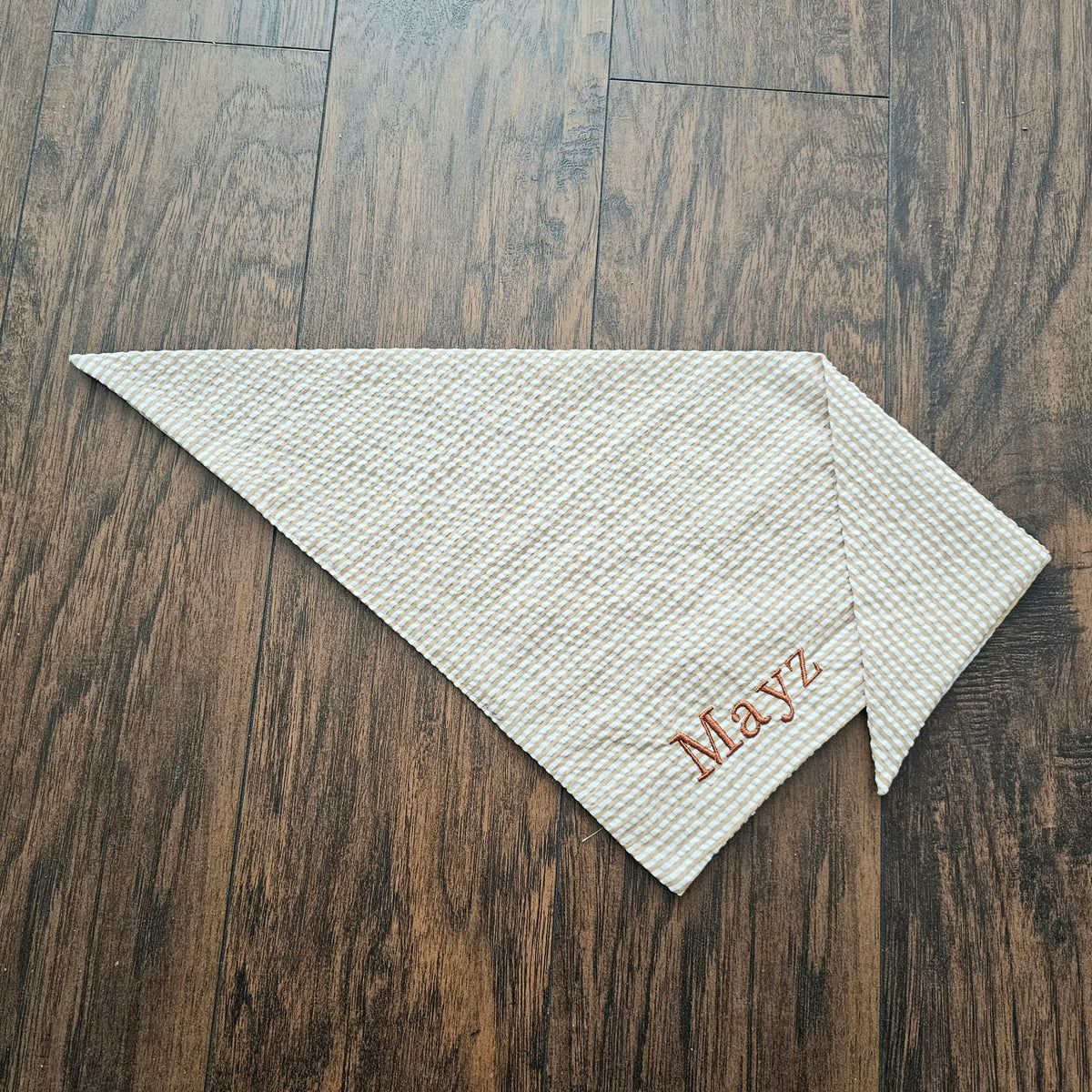 Seersucker Stripe Dog Bandana: Embroidery Khaki  & White Tie On Bandana.